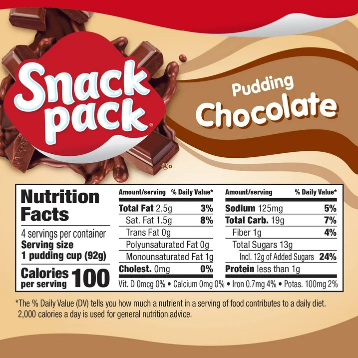 Snack Pack Chocolate Pudding, Pudding Cups, 3.25 oz,
4 Count