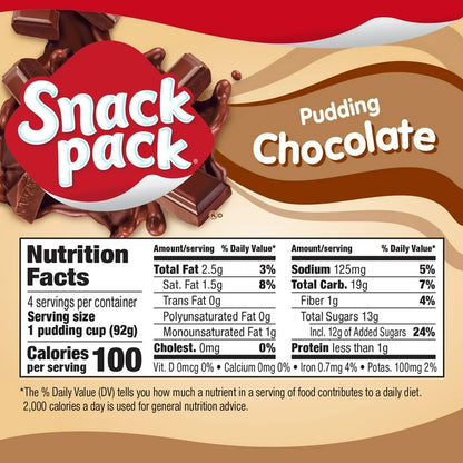 Snack Pack Chocolate Pudding, Pudding Cups, 3.25 oz,
4 Count