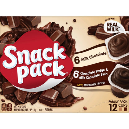 Snack Pack Milk Chocolate, Chocolate Fudge and Milk Chocolate Pudding Cups, 12 Count Family Pack, 3.25 oz