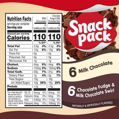 Snack Pack Milk Chocolate, Chocolate Fudge and Milk Chocolate Pudding Cups, 12 Count Family Pack, 3.25 oz