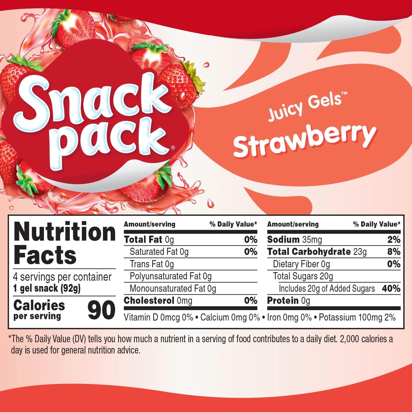 Snack Pack Strawberry Flavored Juicy Gels, Snack Cups, 3.25 oz, 4 Count