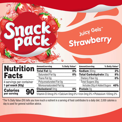 Snack Pack Strawberry Flavored Juicy Gels, Snack Cups, 3.25 oz, 4 Count
