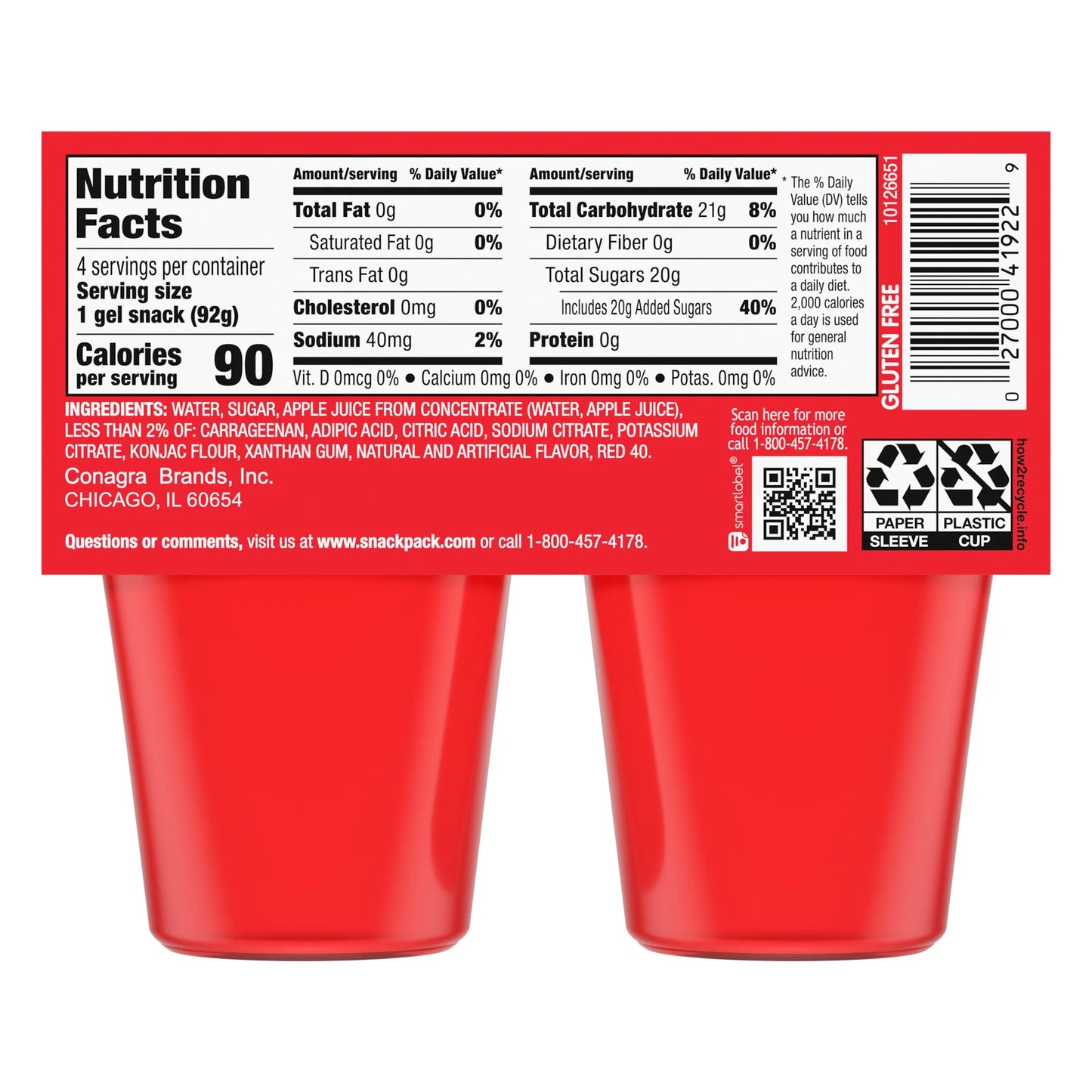 Snack Pack Strawberry Flavored Juicy Gels, Snack Cups, 3.25 oz, 4 Count