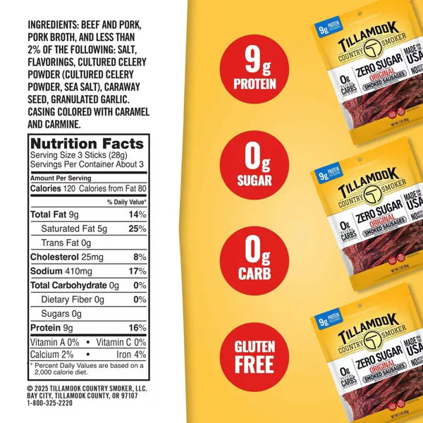 Tillamook Country Smoker Zero Sugar Original Smoked Sausages Sticks, 3oz.