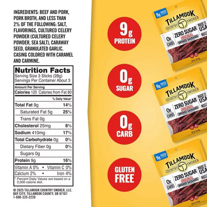 Tillamook Country Smoker Zero Sugar Original Smoked Sausages Sticks, 3oz.