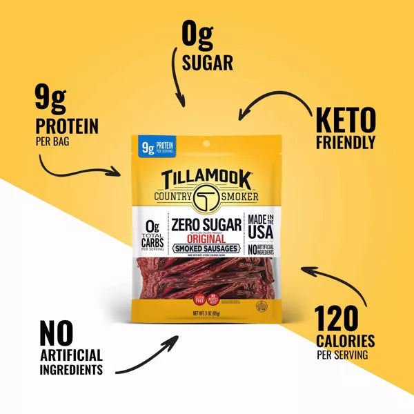 Tillamook Country Smoker Zero Sugar Original Smoked Sausages Sticks, 3oz.