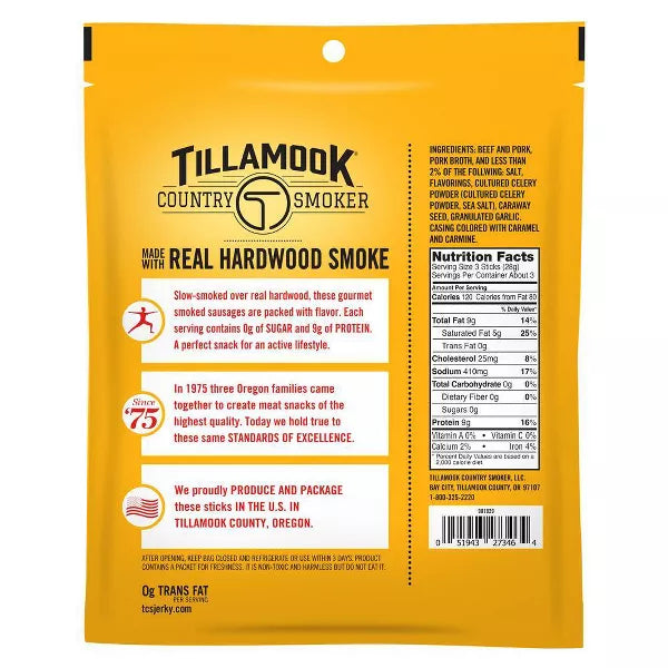 Tillamook Country Smoker Zero Sugar Original Smoked Sausages Sticks, 3oz.