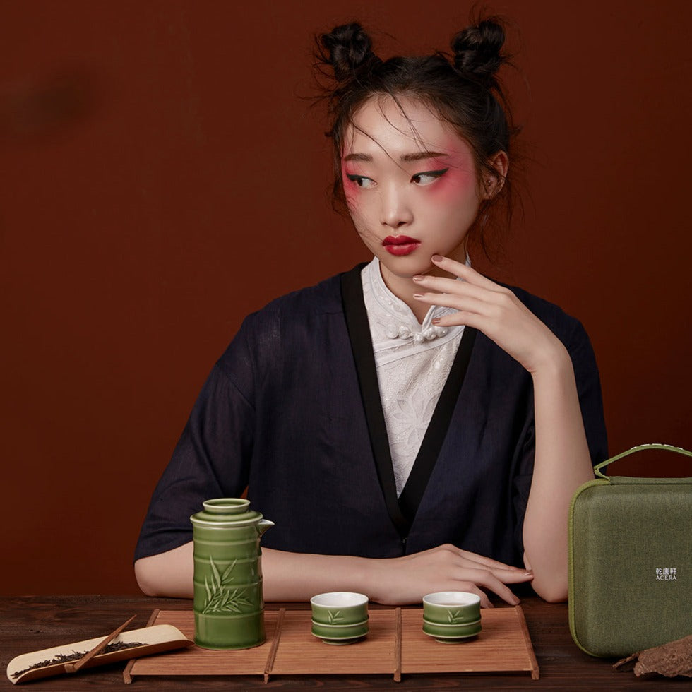 Bamboo Kung Fu Tea Set - 1 Pot with 2 Cups, Ceramics -14