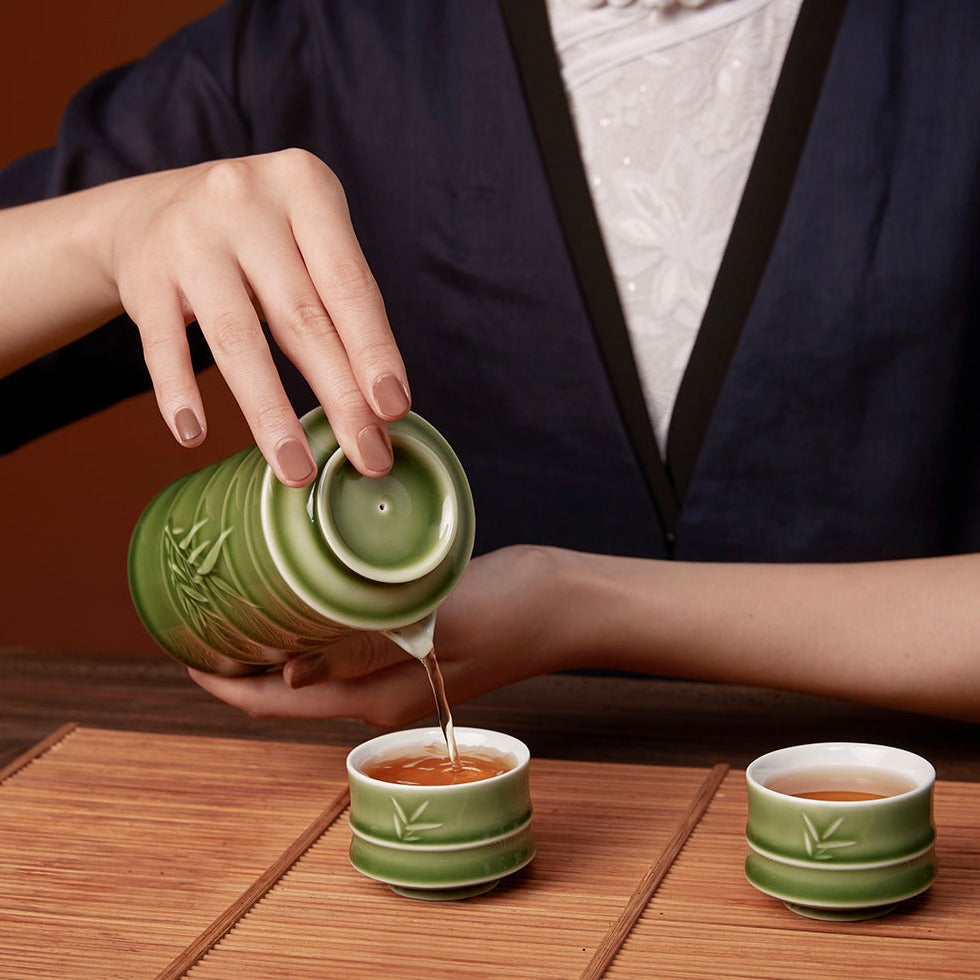 Bamboo Kung Fu Tea Set - 1 Pot with 2 Cups, Ceramics -16