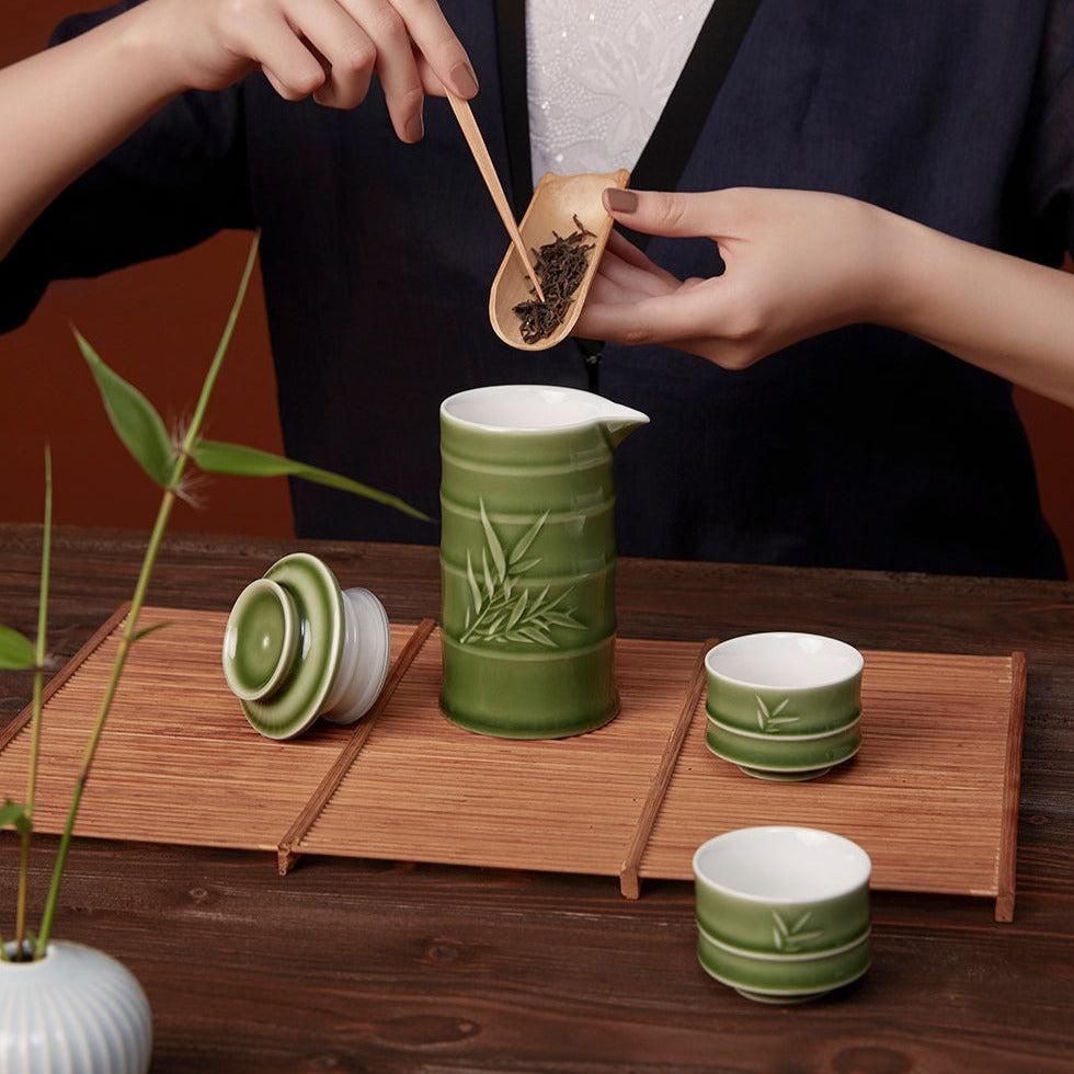 Bamboo Kung Fu Tea Set - 1 Pot with 2 Cups, Ceramics -13
