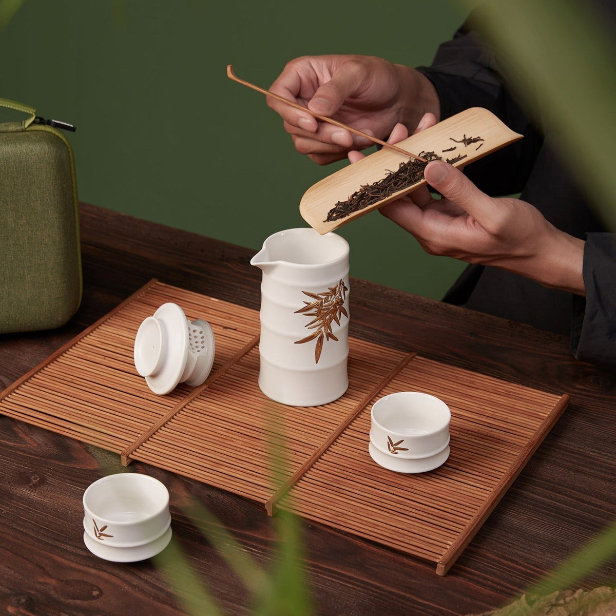 Bamboo Kung Fu Tea Set - 1 Pot with 2 Cups, Ceramics -8