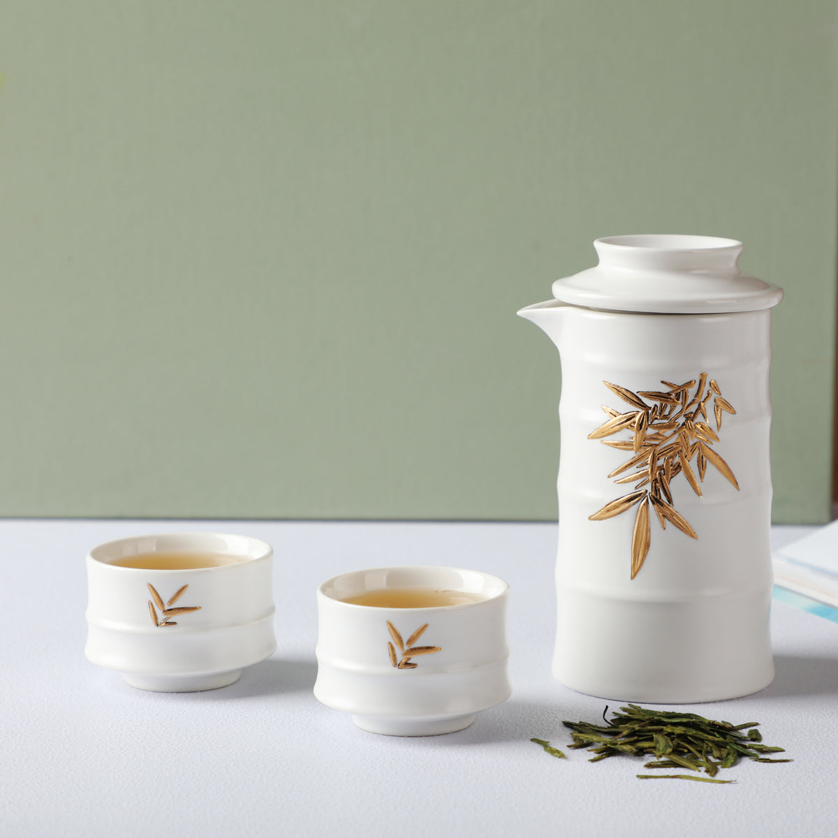 Bamboo Kung Fu Tea Set - 1 Pot with 2 Cups, Ceramics -6