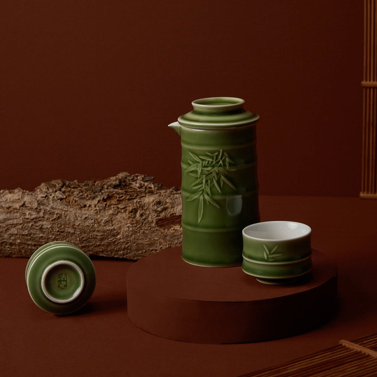 Bamboo Kung Fu Tea Set - 1 Pot with 2 Cups, Ceramics -11