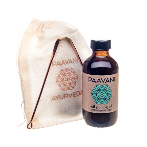 * Paavani Ayurveda - The Oral Care Ritual - Mint including Mint Pulling Oil, Copper Tongue Cleaner and Cloth Travel Pouch, Oral Health and Hygiene, Ayurvedic Ritual, Bundle-0